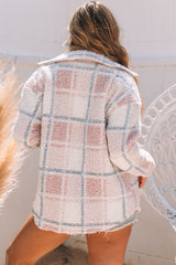 Sherpa jacket with turndown collar and multi-colored plaid print