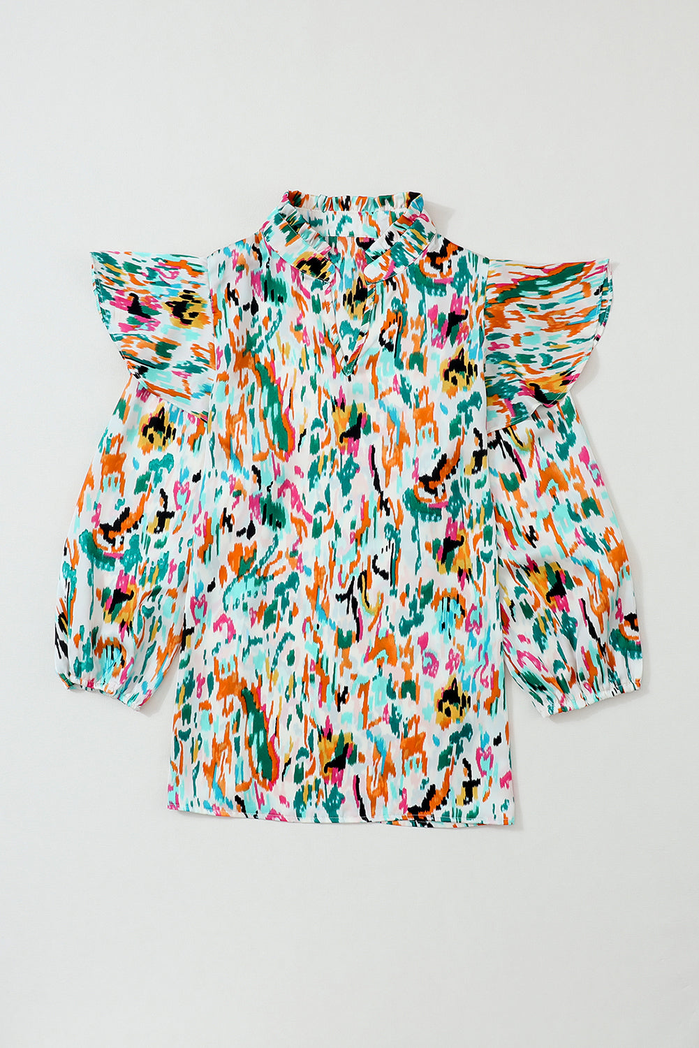 Imprimé abstrait multicolore 3/4 Blouse à volants à manches bouffantes