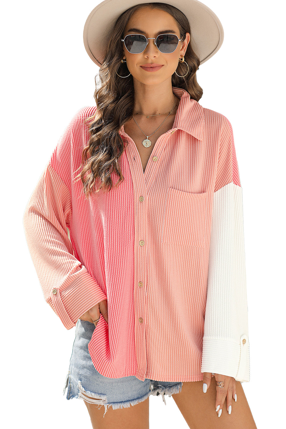 Chemise d'épaule à goutte à couleurs à côtes roses avec poche