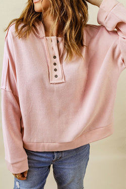 Casual pink hoodie with buttons and united patchwork border