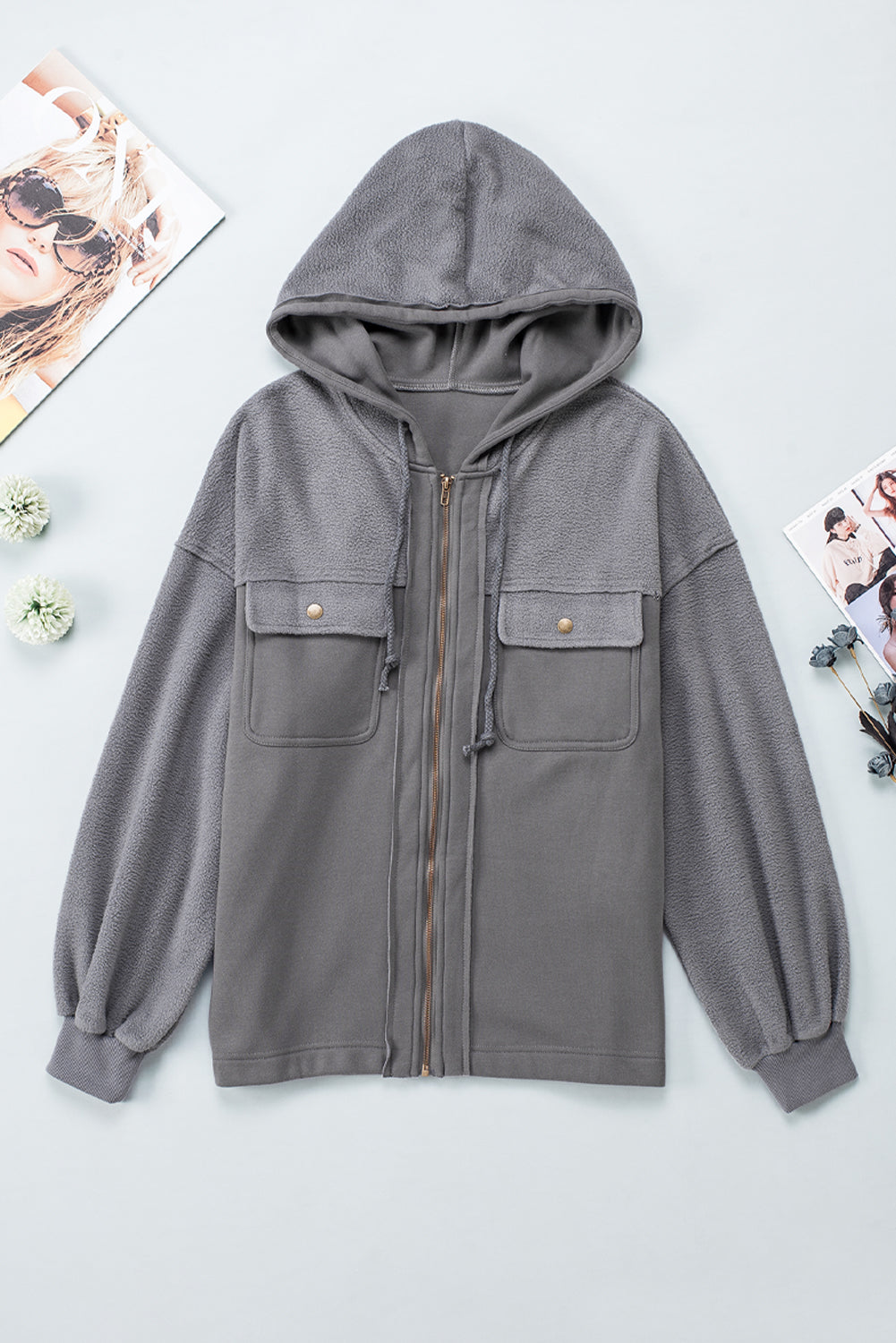 Grey Hooded Zip-Up Jacket with Drawstring and Flap Pocket
