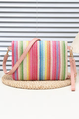 Petit sac en paille tressée à rayures, rabat plié et sangle amovible