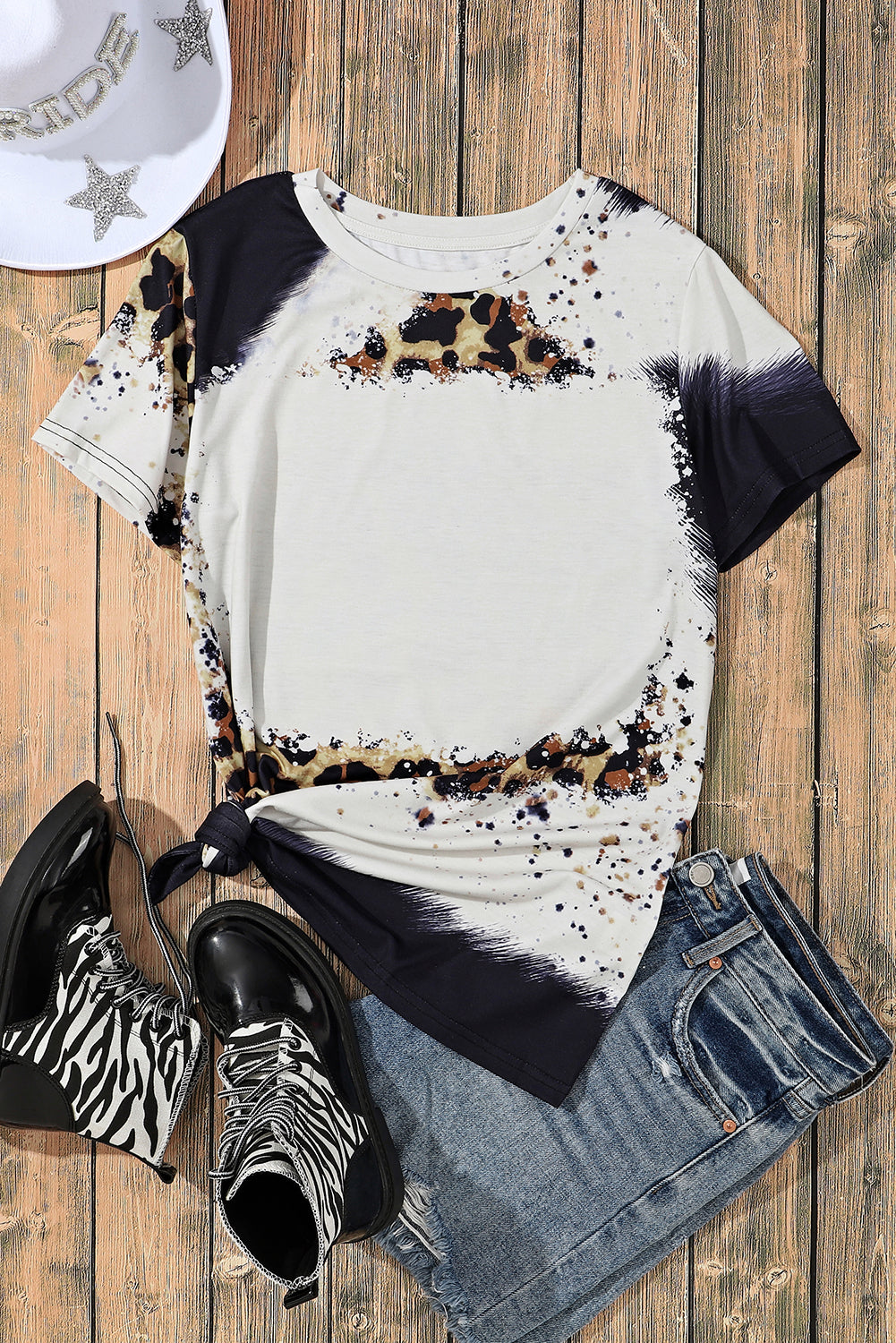 High -white leopard short -sleeved top