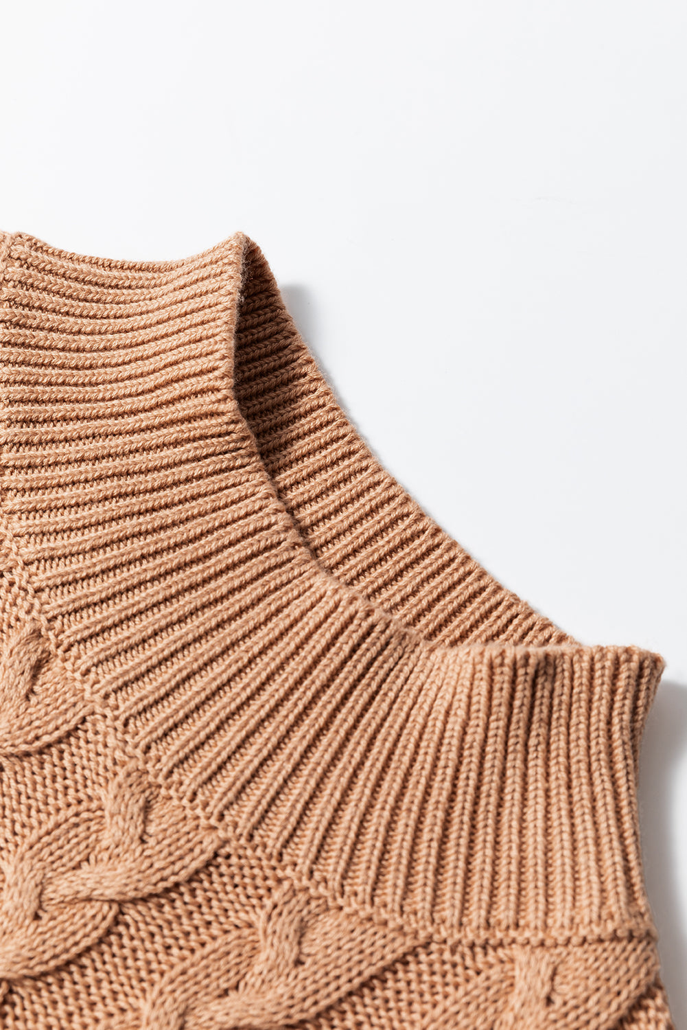 Light French Beige Solid Color Cable Knit High Neck Tank Top