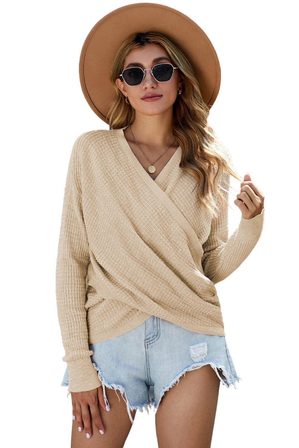 Apricot V-neck waffle sweater