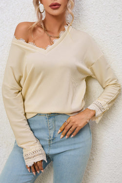 Apricot Ribbed Textured Long Sleeve V-Neck Top