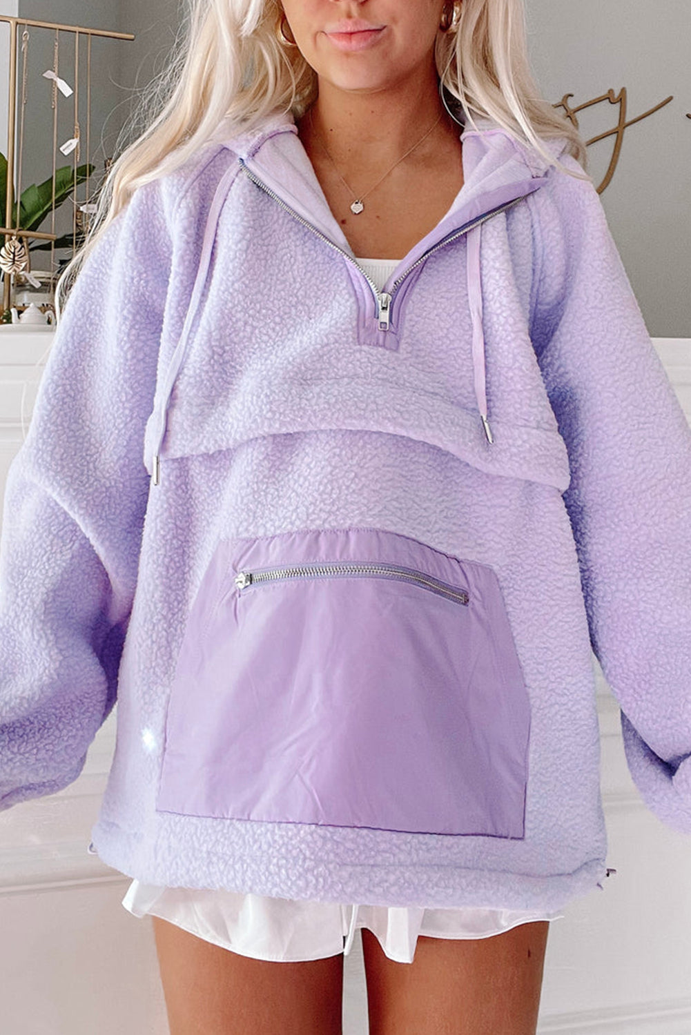 Lavendula Patch Pocket Pocket Fuzzy Trawstring Hoodie