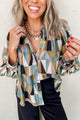 Ballooned Green Geometric Print Greek Sleeve Shirt