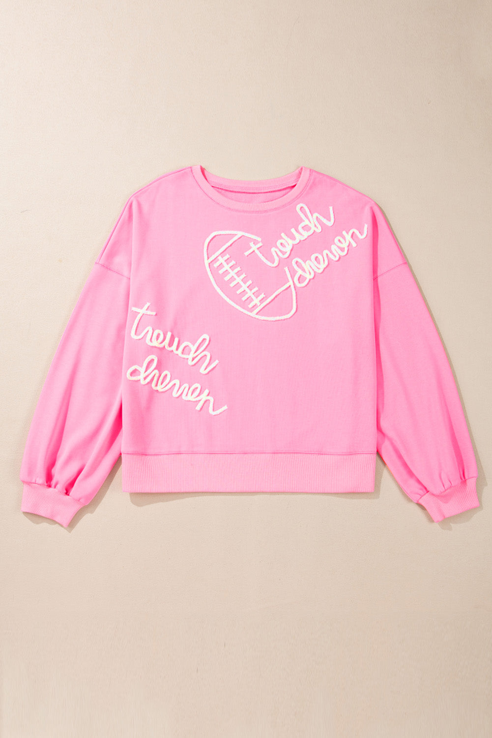 Touch Down Rugby Football Plus Size Pink Embroidered Sweatshirt