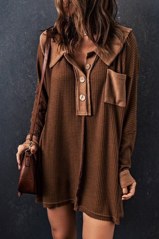 Brown Waffle Knit Button-Up Long Sleeve Top