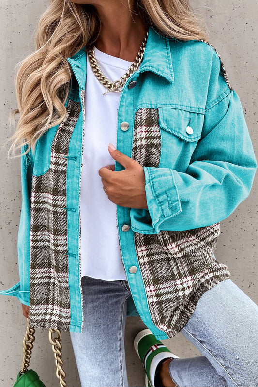 Himmelblau Plaid Patchwork Taschen Jeans Jacke