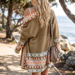 Khaki Aztec Print Open Front Knitted Cardigan