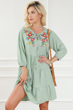 Green tiered floral embroidered ruffle dress