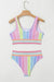 Maillot de bain bikini à rayures arc-en-ciel 2 pièces à bordure creuse à chevrons rose