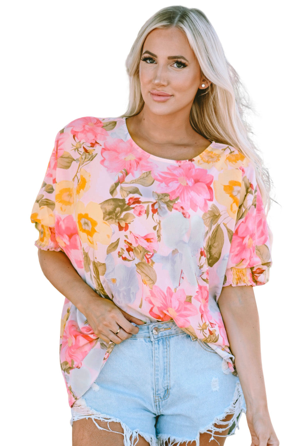 Pink Shirred Manschette 3/4 Ärmel lose Fit Blumenbluse