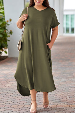 Green Green Dress with V -neck and large rolled cuffs