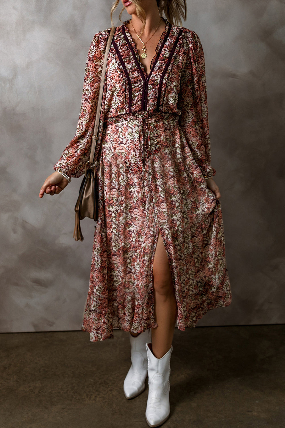 Brown Floral Print Split Front Tiered Frilled V Neck Midi Dress