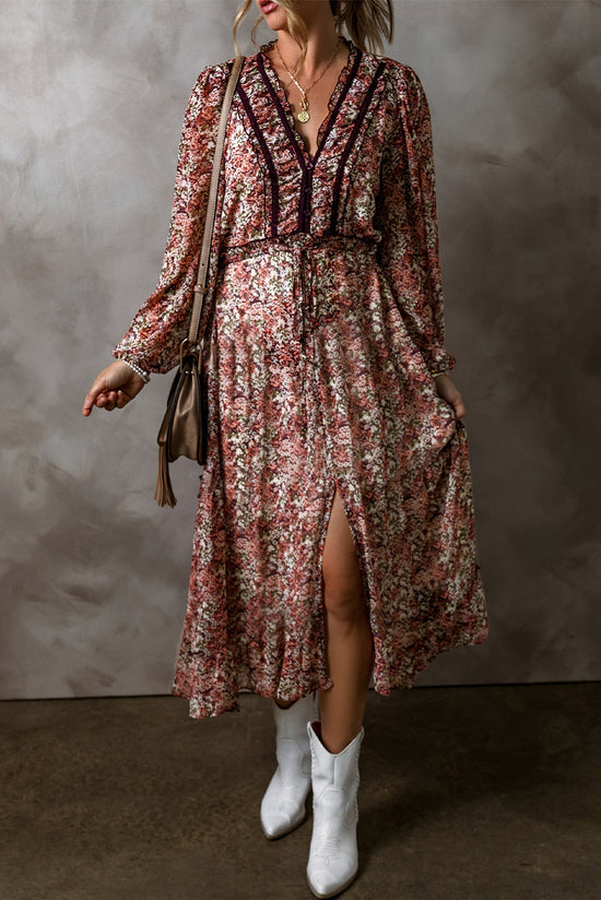 Robe midi à imprimé floral fendue sur le devant et à volants et col en V marron