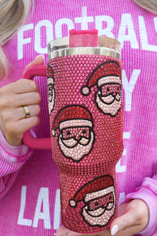 Tasse Thermos Diamant Rose Rouge Noël Père Noël avec Paille 40oz