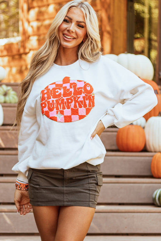 Sweat-shirt blanc à motif patché de citrouille d'Halloween en tissu éponge