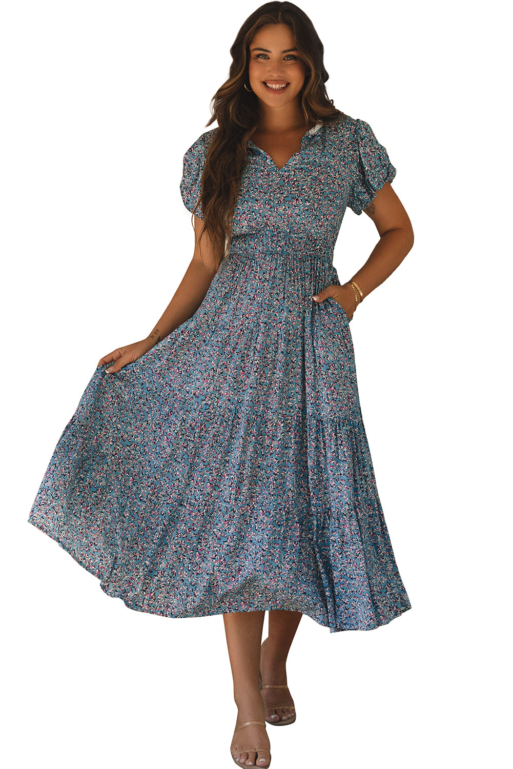 Blue Printed V Neck Shirred Short Puff Sleeve Maxi Dress