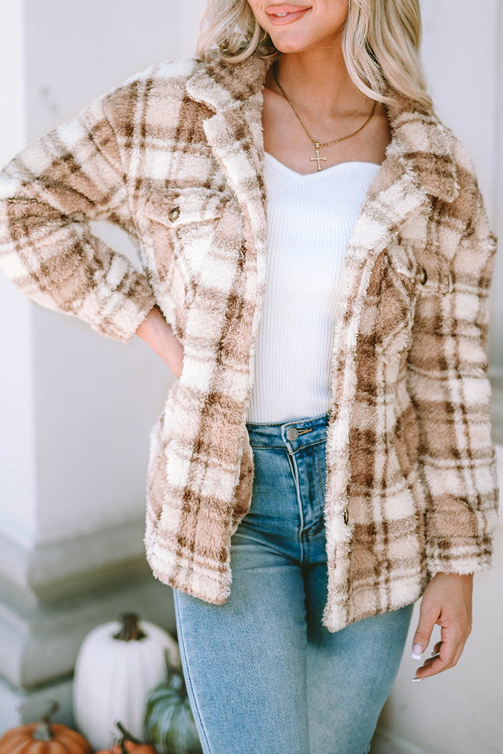 Khaki Sherpa Plaid Button Taschenjacke