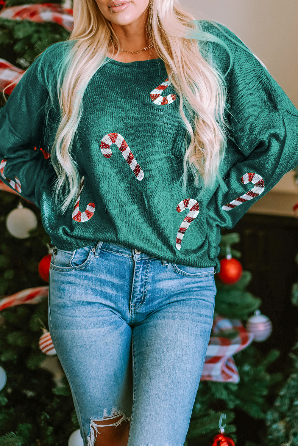 Grüne Pailletten -Candy Canes Lebkuchen Mann Pullover