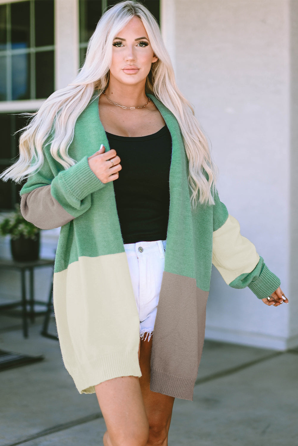 Green Colorblock drapierte offen vordere klobige Strickjacke