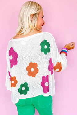 Pull léger ample boutonné à imprimé floral blanc