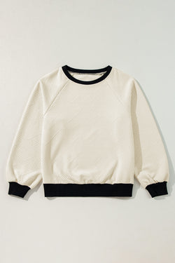 Jet Stream Textured Crew Neck Raglan Sleeve Top with Color Block Edges