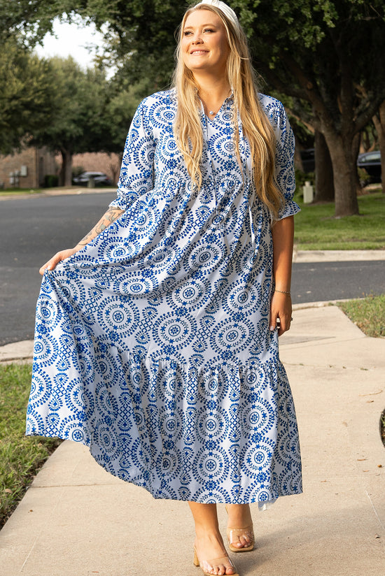 Long dress with geometric print laces and notched collar, large size, sky blue