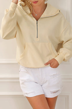 Beige zip-up hoodie with kangaroo pocket and ribbed trim