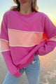 Pink Sachet Color Block Patchwork Sweatshirt with Dropped Shoulders and Ribbed Trim