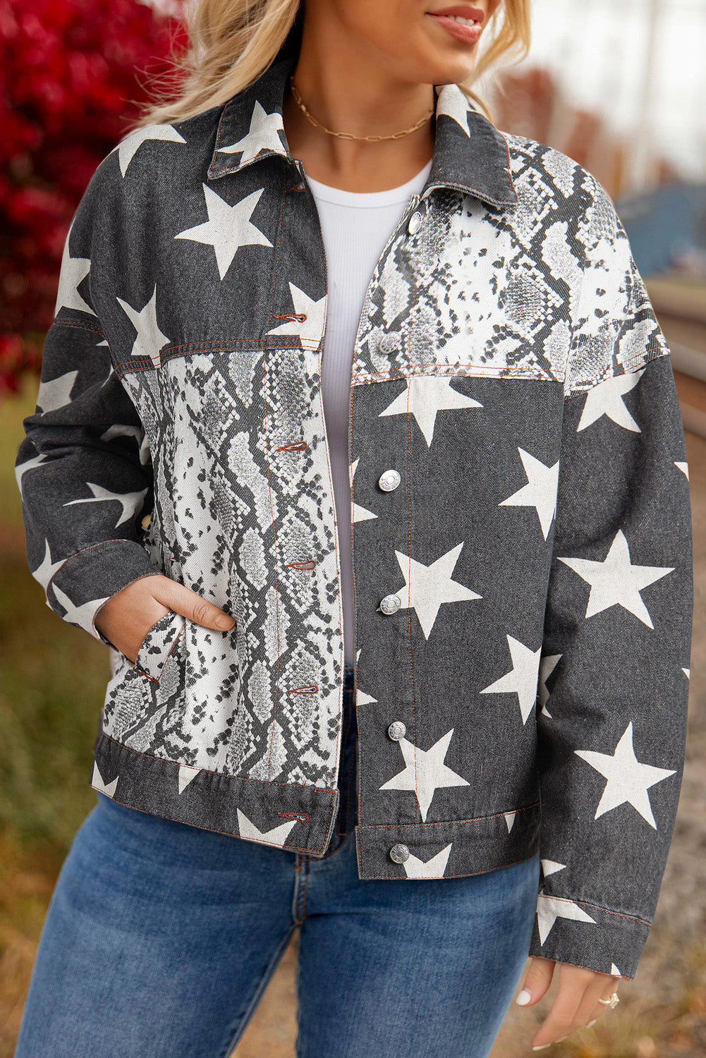 Black snakeskin print patchwork denim jacket with star