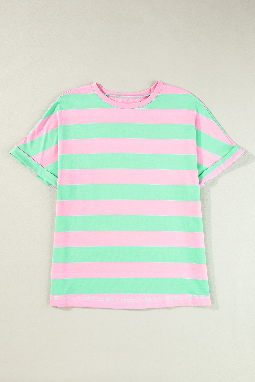 Rose Stripe Colorblock Cuffed Sleeve Loose Tee