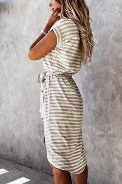 Khaki Striped Short Sleeve T-Shirt Dress with Wrapped Hem and Belt