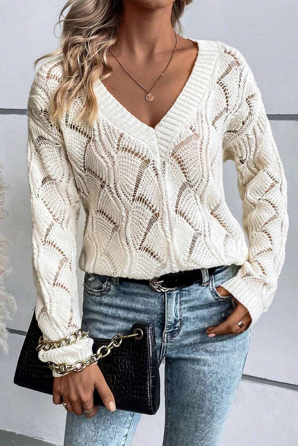 Beige sweater in openwork knit in v * collar