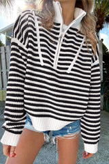 Black striped sweater, zipped collar, drooping shoulders