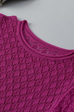 Textured knitting sweater with short sleeves and purple flying