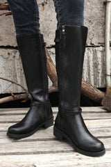 Bottes hautes noires en simili cuir à talon bas large et zip latéral