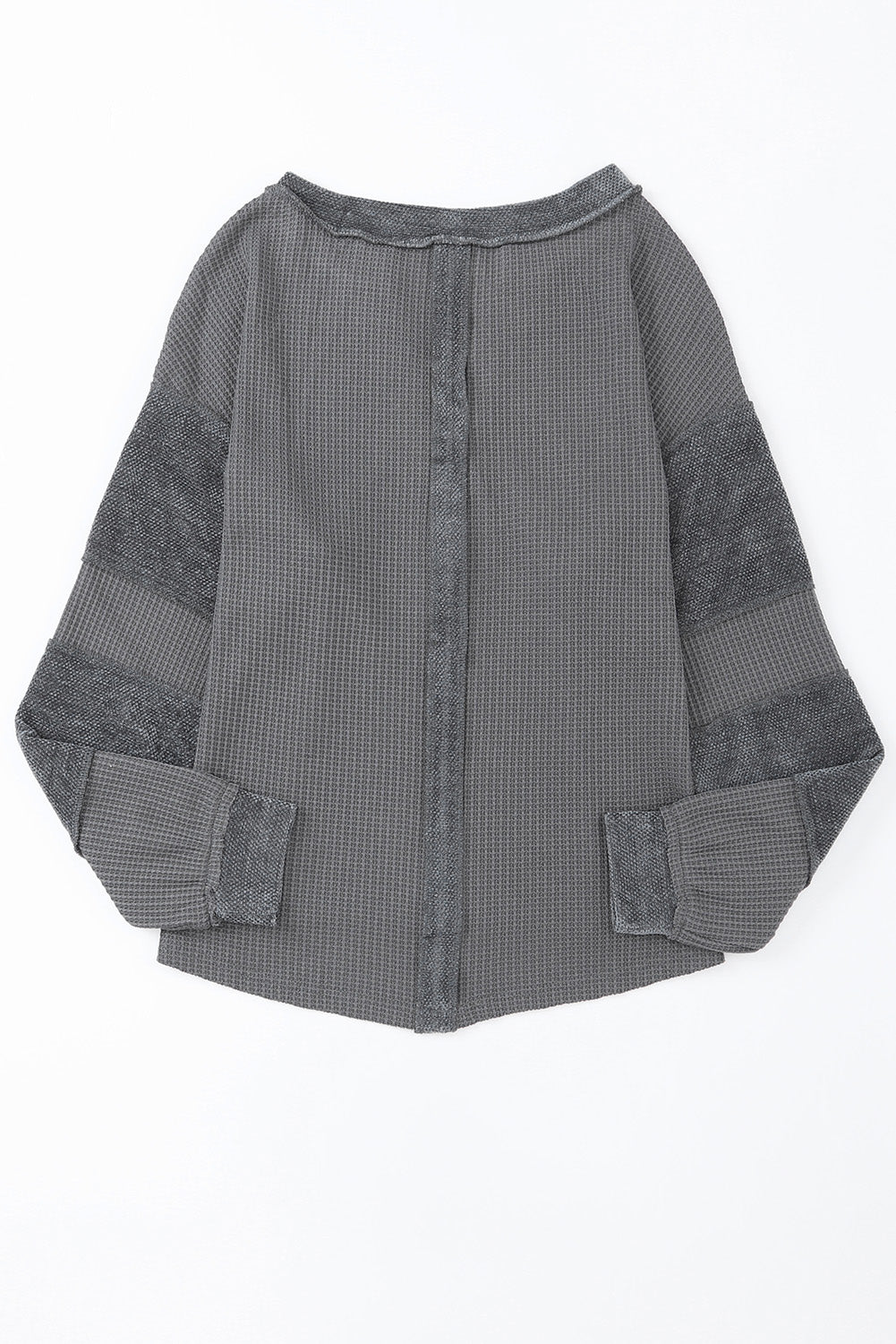 Gray Contrast Patched Exposed Seam Waffle Knit Henley Top