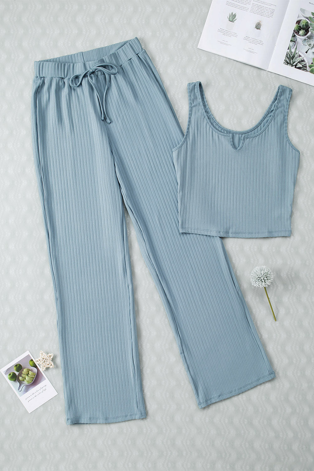 Blue Rippes Crop Tank Draw String Lounge Hosen Set Set