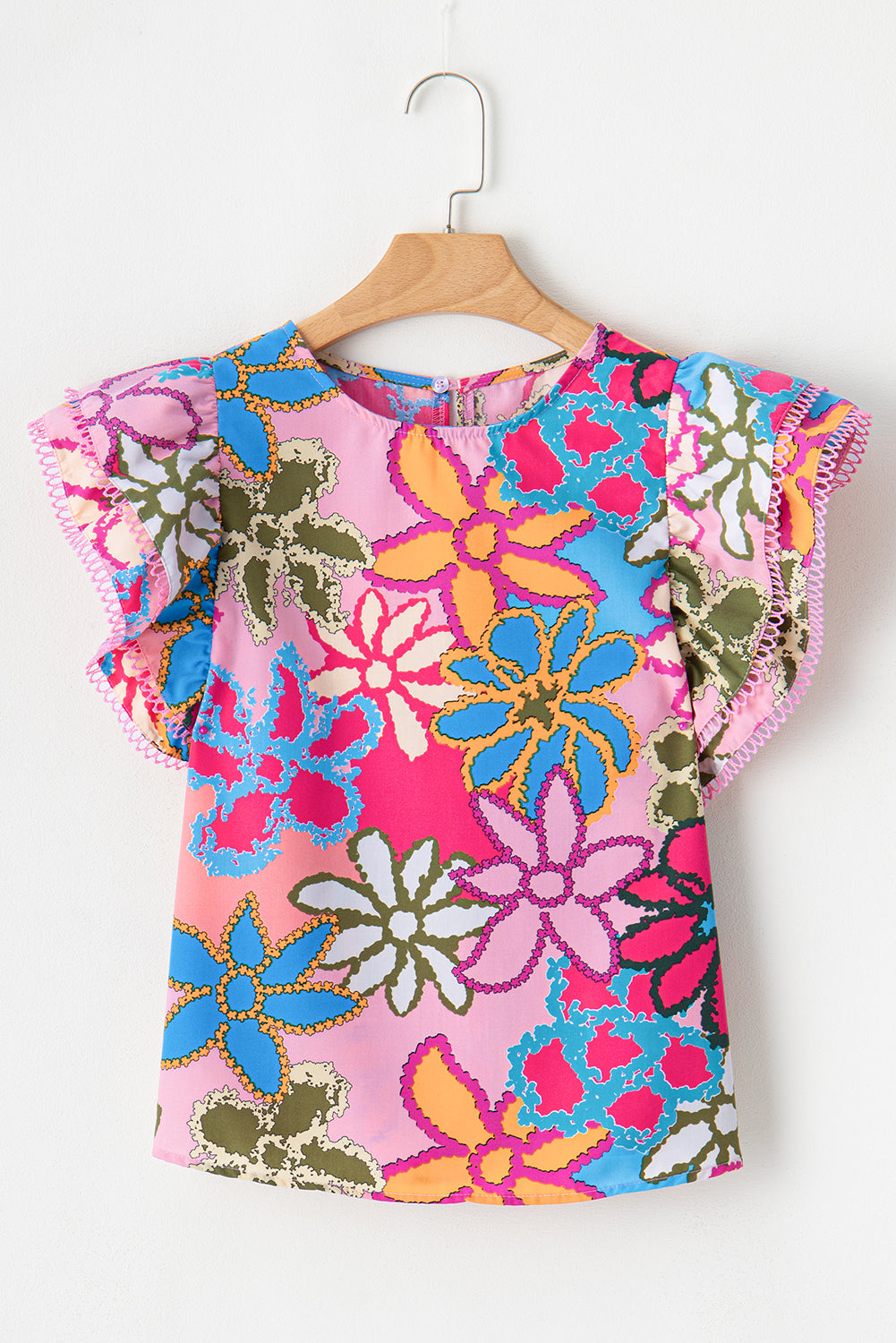 Blusa de manga de volante con estampado floral multicolor vibrante