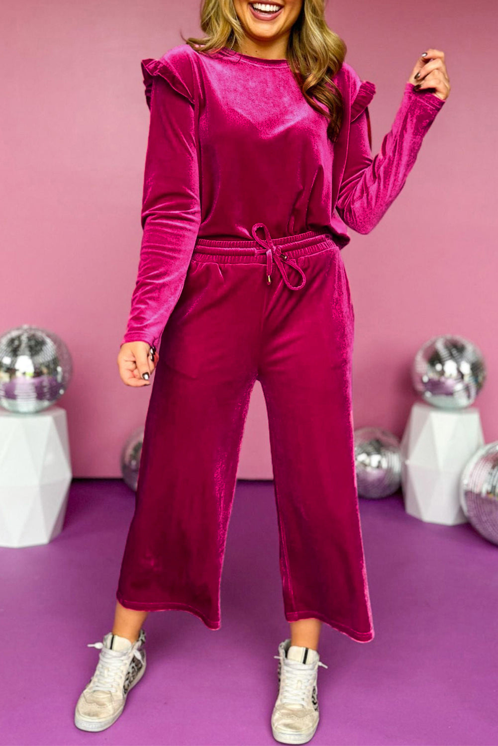 Rose Red Solid Velvet Ruffle Two Piece Pant Set