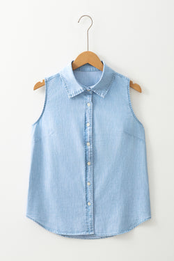 Chemise sans manches à col en jean bleu clair *