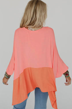 Grapefruit Orange Contrast Color Patchwork Side Slit Oversized Top