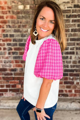 White top with puffy sleeve in contrasting tweed
