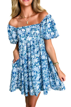 Short dress blue babydoll with flowers *