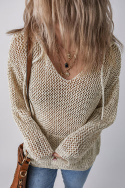 Hooden sweater with openwork kangaroo pocket and v -collar