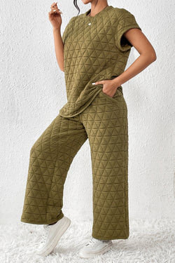 Ensemble pantalon large matelassé vert sauge à manches courtes